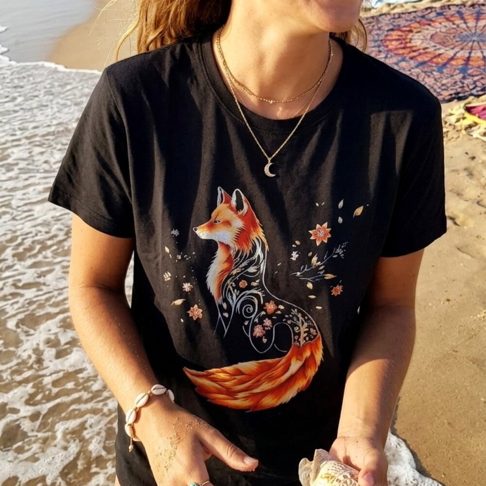 Floral Fox Graphic Tee – Artistic Cotton T-Shirt Black – Size [S/M/L/XL] NEW - Picture 9 of 11